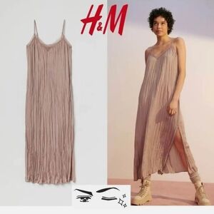 H&M Blush Taupe Pleated Slip Maxi Dress